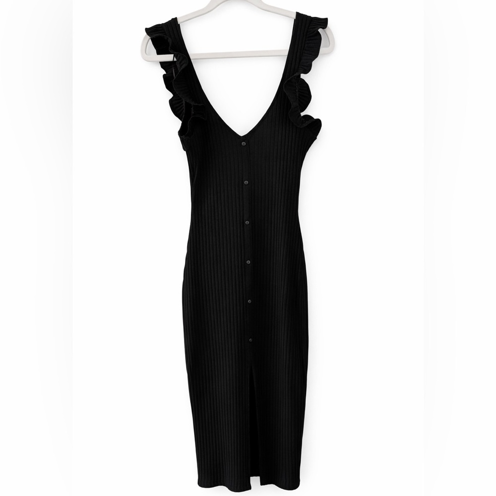 Zara Black Ribbed Midi Dress Small Ruffle Strap Stretch Bodycon Minimalist